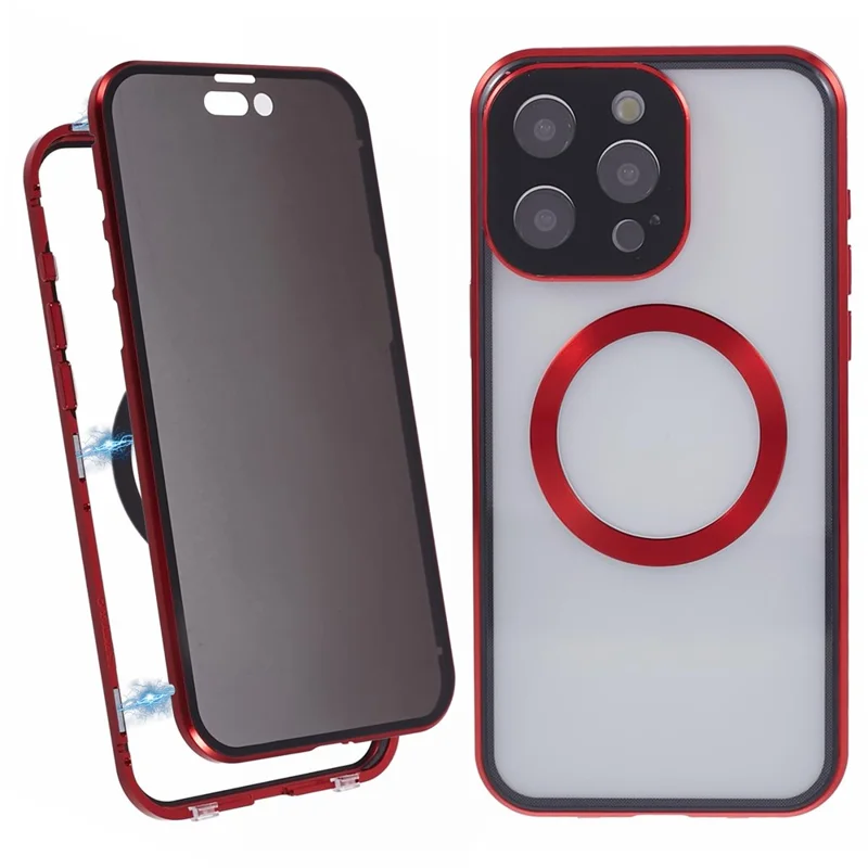 For iPhone 15 Pro Max Case Compatible with MagSafe Tempered Glass Metal Frame Anti-Spy Phone Protector - Red