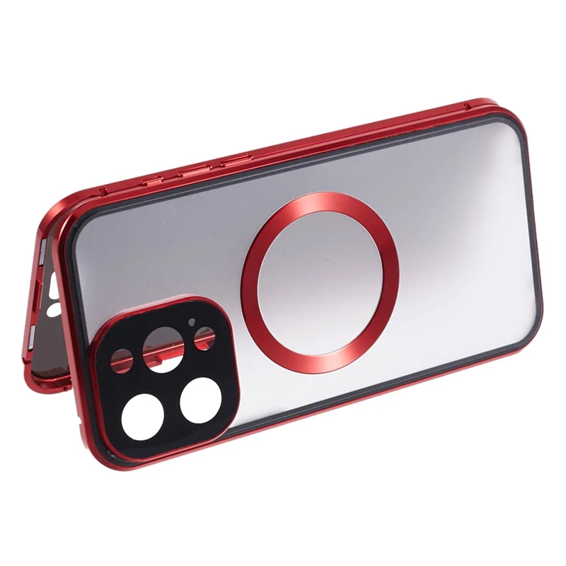 For iPhone 15 Pro Max Case Compatible with MagSafe Tempered Glass Metal Frame Anti-Spy Phone Protector - Red