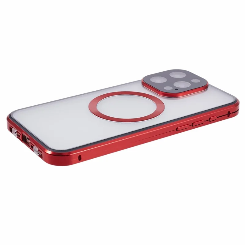 For iPhone 15 Pro Max Case Compatible with MagSafe Tempered Glass Metal Frame Anti-Spy Phone Protector - Red