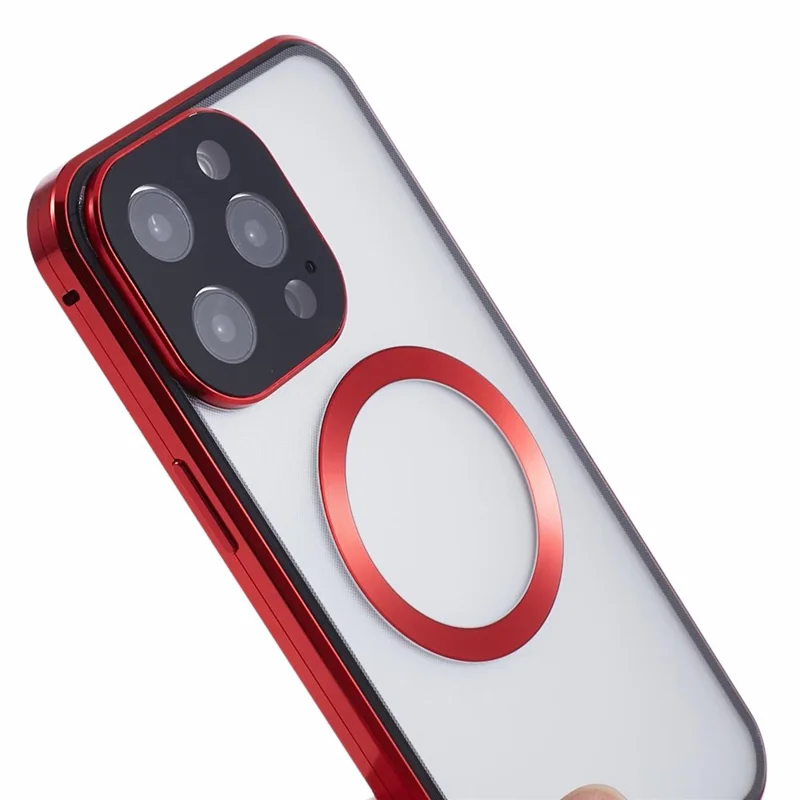 For iPhone 15 Pro Max Case Compatible with MagSafe Tempered Glass Metal Frame Anti-Spy Phone Protector - Red