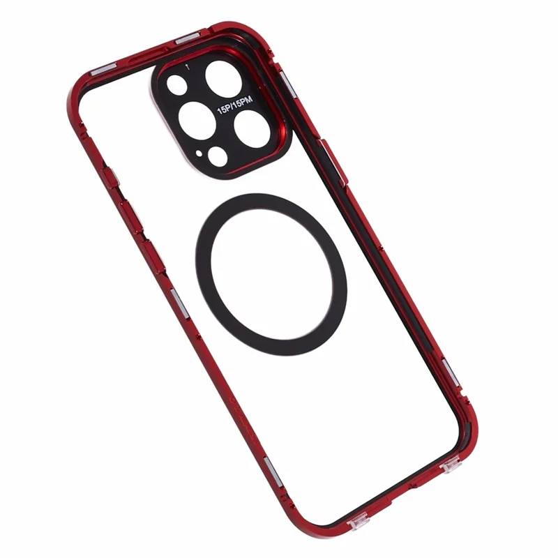 For iPhone 15 Pro Max Case Compatible with MagSafe Tempered Glass Metal Frame Anti-Spy Phone Protector - Red