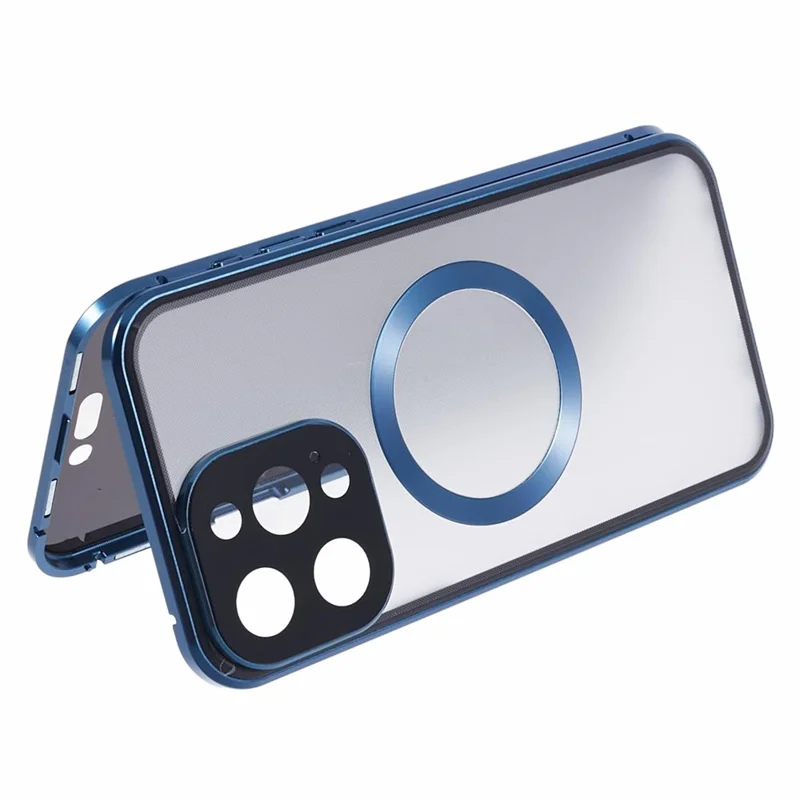For iPhone 14 Pro Max Anti-Peep Case Tempered Glass Metal Bumper Phone Cover Compatible with MagSafe - Dark Blue