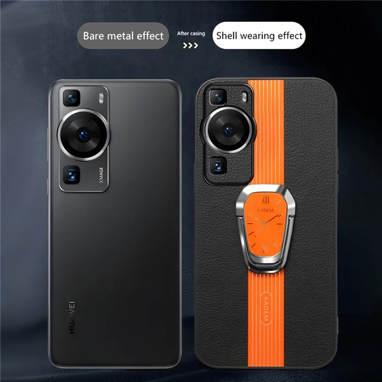 KADEM Para Huawei P60 / P60 Pro Funda con Soporte Kickstand TPU+Acrílico Funda de Teléfono con Revestimiento de Cuero de PU - Naranja