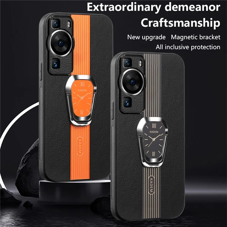 KADEM Para Huawei P60 / P60 Pro Funda con Soporte Kickstand TPU+Acrílico Funda de Teléfono con Revestimiento de Cuero de PU - Naranja