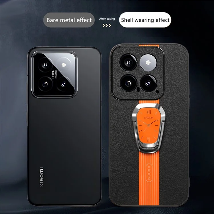 KADEM para Xiaomi 14 Cover Watch Pattern Kickstand TPU+Acrylic Phone Case with Leather Coating - Orange
