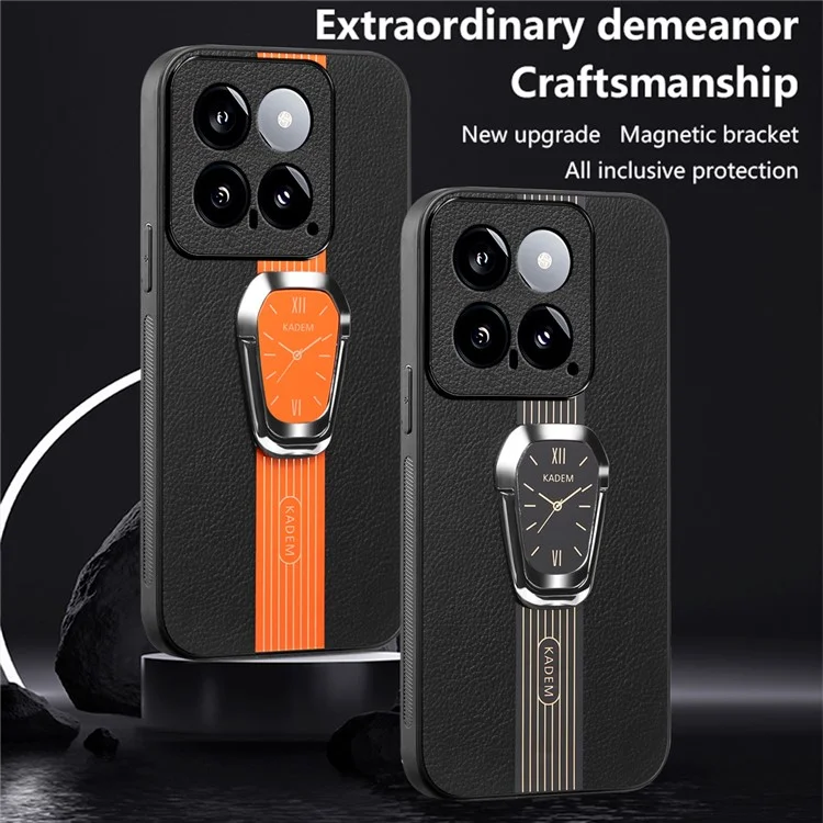 KADEM para Xiaomi 14 Cover Watch Pattern Kickstand TPU+Acrylic Phone Case with Leather Coating - Orange