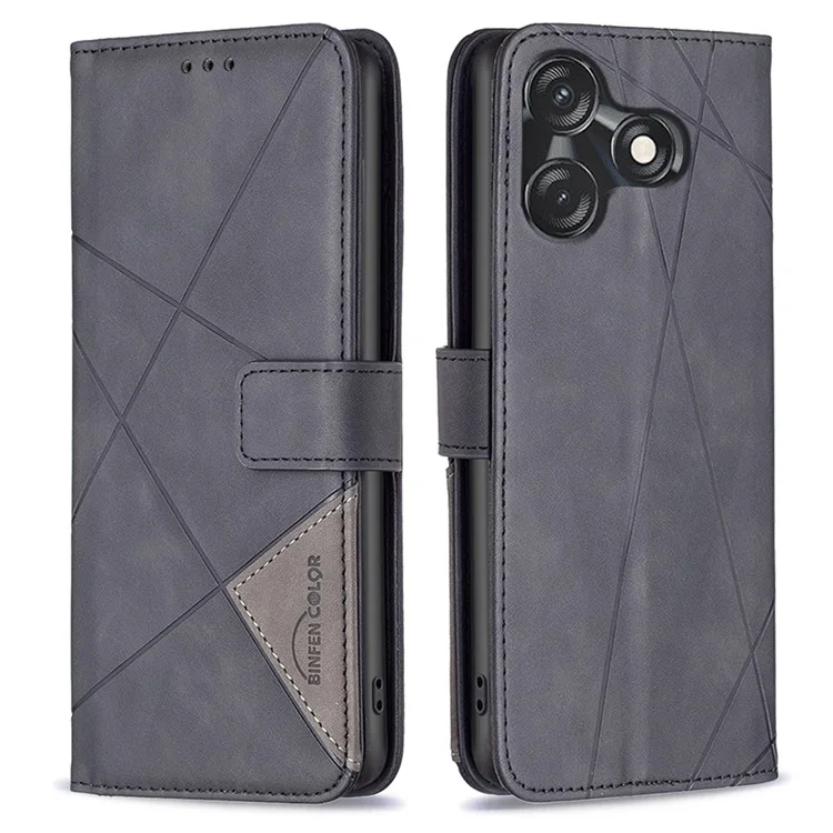 BINFEN COLOR For TECNO Spark 10 4G / Spark 10C 4G Phone Cases Wallet Stand Geometry Imprinted Leather Cover - Black