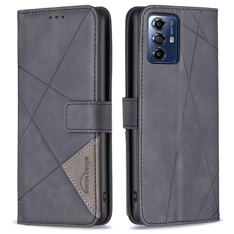 BINFEN COLOR For Motorola Moto G Play (2024) 4G Phone Cases Wallet Stand Geometry Imprinted Leather Cover - Black