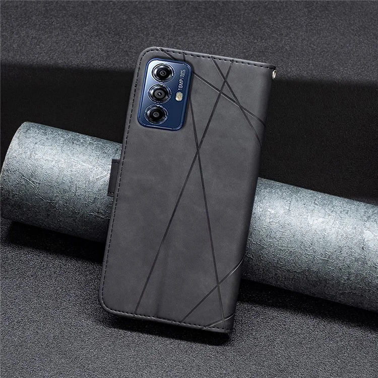 BINFEN COLOR For Motorola Moto G Play (2024) 4G Phone Cases Wallet Stand Geometry Imprinted Leather Cover - Black