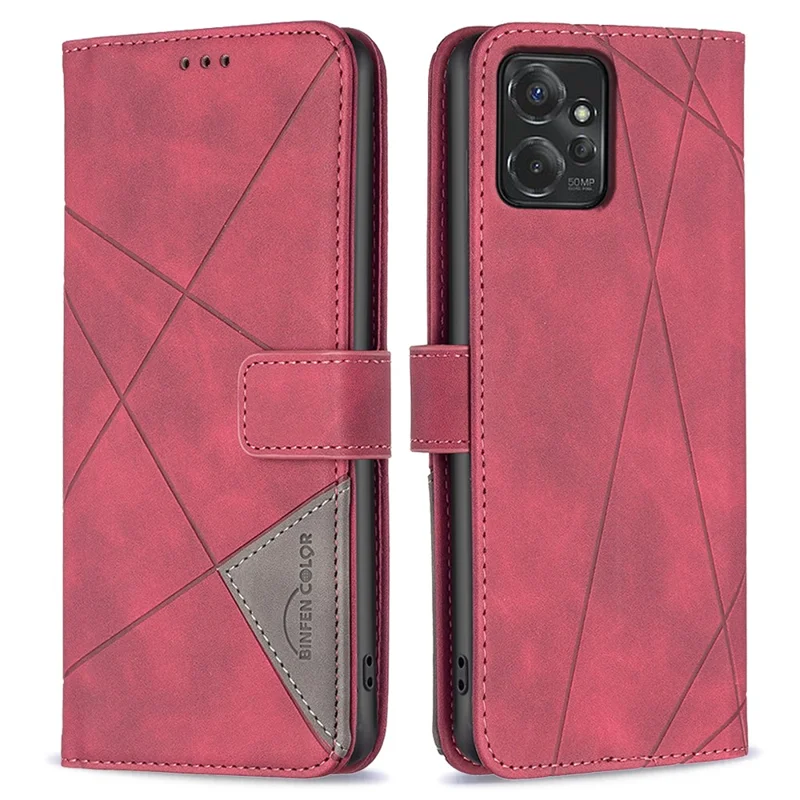 BINFEN COLOR For Motorola Moto G Power (2024) Phone Cases Wallet Stand Geometry Imprint Leather Cover - Red
