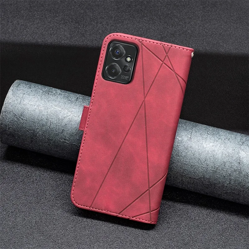 BINFEN COLOR For Motorola Moto G Power (2024) Phone Cases Wallet Stand Geometry Imprint Leather Cover - Red