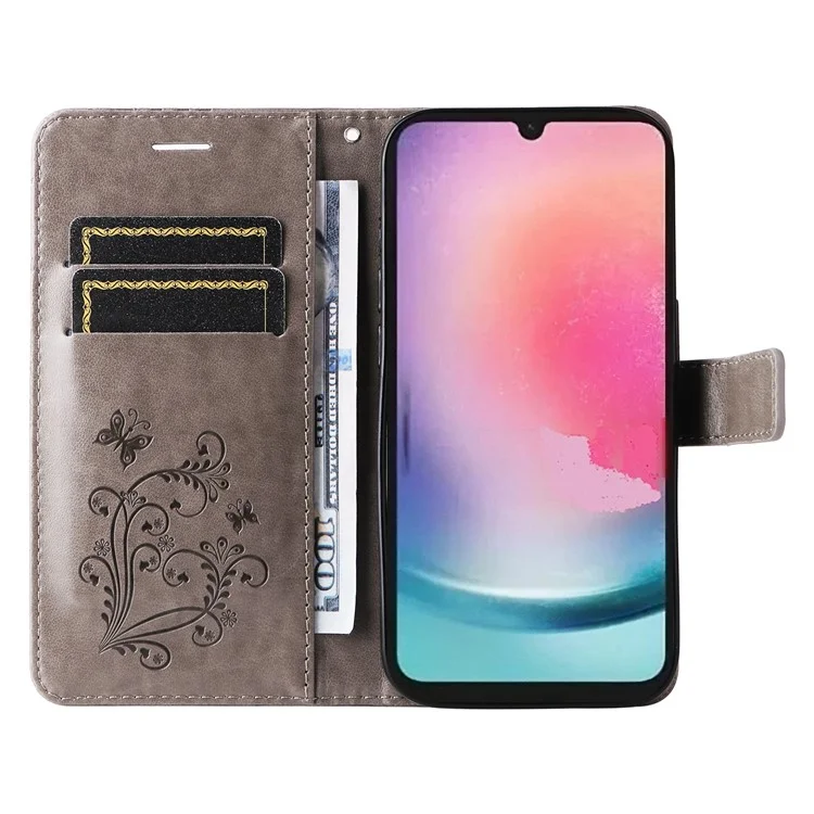 For Samsung Galaxy A25 5G (Global) Wallet Case Floral Butterfly Imprinted Leather Phone Cover Stand - Grey