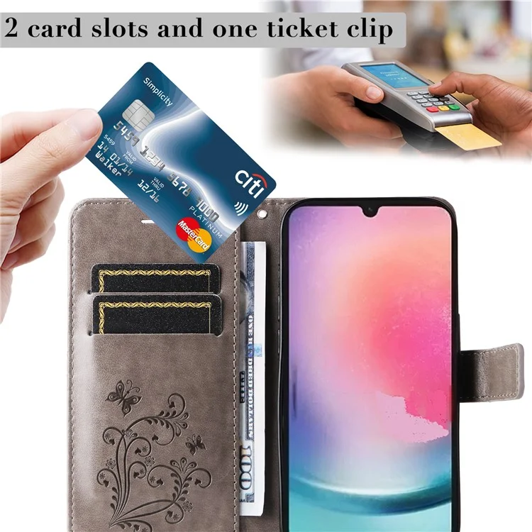 For Samsung Galaxy A25 5G (Global) Wallet Case Floral Butterfly Imprinted Leather Phone Cover Stand - Grey