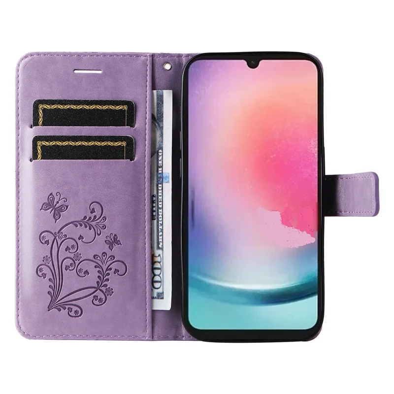 For Samsung Galaxy A25 5G (Global) Wallet Case Floral Butterfly Imprinted Leather Phone Cover Stand - Purple