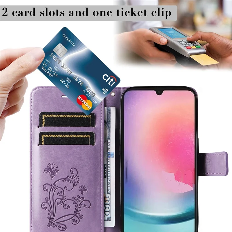 For Samsung Galaxy A25 5G (Global) Wallet Case Floral Butterfly Imprinted Leather Phone Cover Stand - Purple