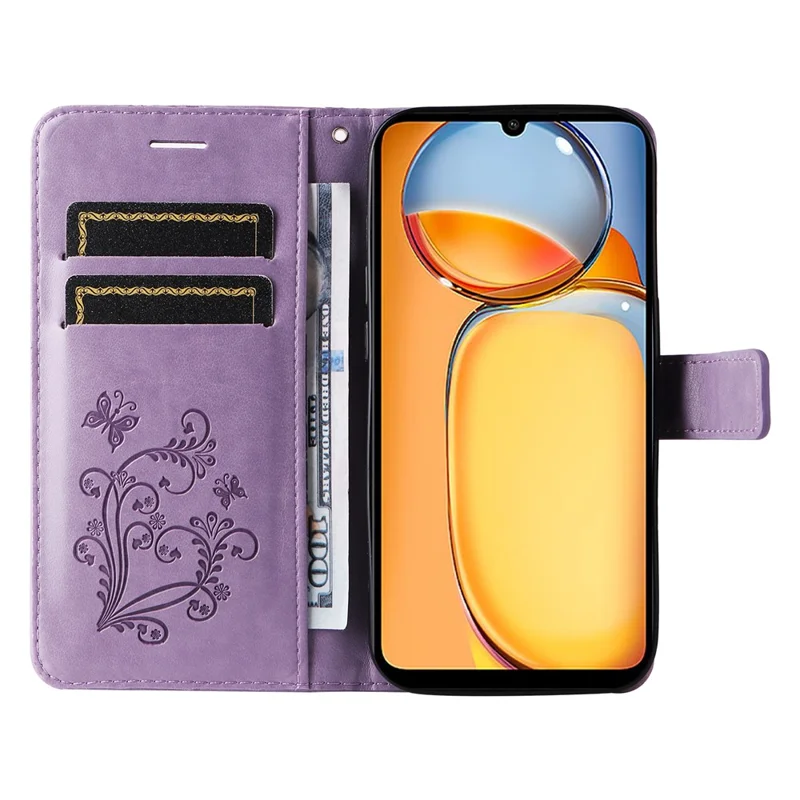 For Xiaomi Redmi 13C 4G / 13C 5G / 13R 5G / Poco M6 5G / Poco C65 4G Wallet Case Floral Butterfly Imprinted Leather Phone Cover Stand - Purple