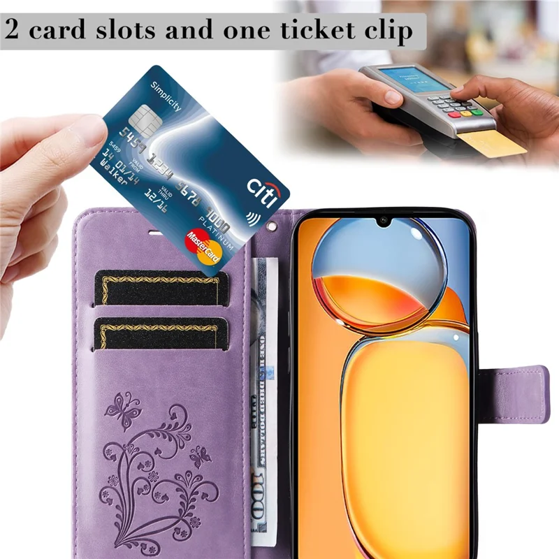 For Xiaomi Redmi 13C 4G / 13C 5G / 13R 5G / Poco M6 5G / Poco C65 4G Wallet Case Floral Butterfly Imprinted Leather Phone Cover Stand - Purple