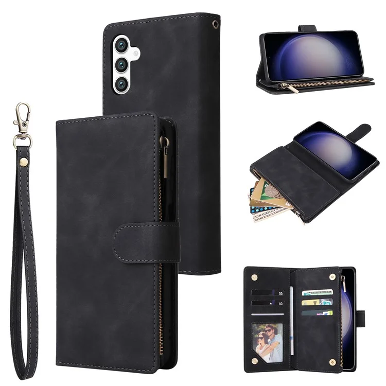 Para Samsung Galaxy S24 Case PU Leather Wallet Cover com Múltiplos Compartimentos para Cartões - Preto