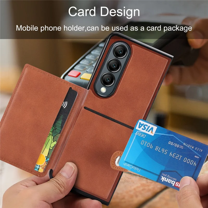 For Samsung Galaxy Z Fold3 5G Case Card Holder Kickstand Folding Phone Cover - Brown