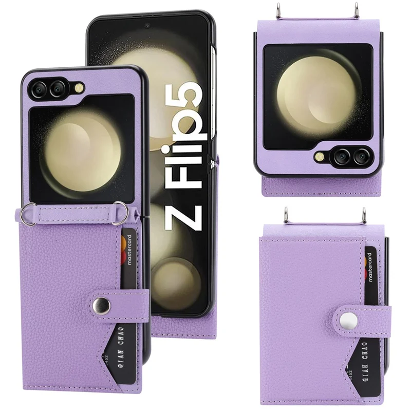 Per Samsung Galaxy Z Flip5 5G Case Litchi Texture Card Holder Folding Phone Cover - Viola Chiaro