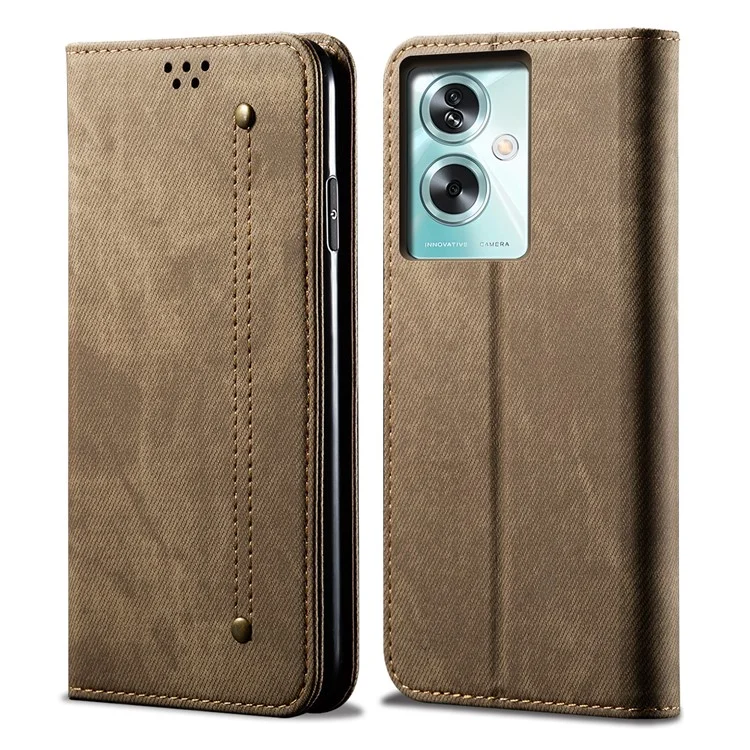 For Oppo A79 5G / A2 5G Case Jeans Cloth Texture Wallet Stand Leather Cover - Khaki