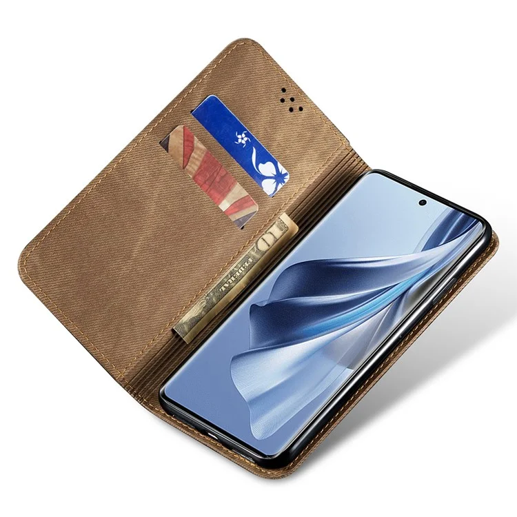 For Oppo A79 5G / A2 5G Case Jeans Cloth Texture Wallet Stand Leather Cover - Khaki
