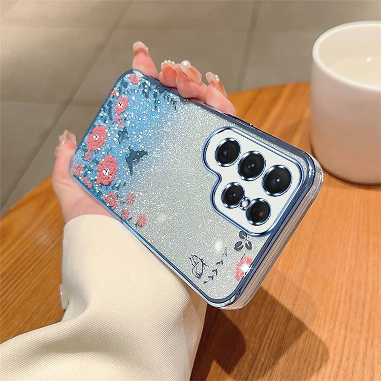 Pour Samsung Galaxy S23 Ultra Gradient Phone Case Fleur Motif Flexible TPU Cover - Bleu