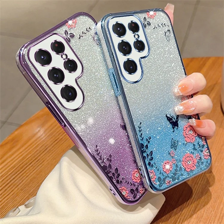 Pour Samsung Galaxy S23 Ultra Gradient Phone Case Fleur Motif Flexible TPU Cover - Bleu