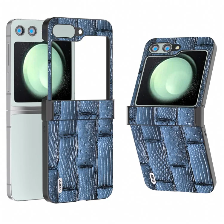 ABEEL For Samsung Galaxy Z Flip5 5G Case Mahjong Texture Genuine Cow Leather+PC Phone Cover - Blue