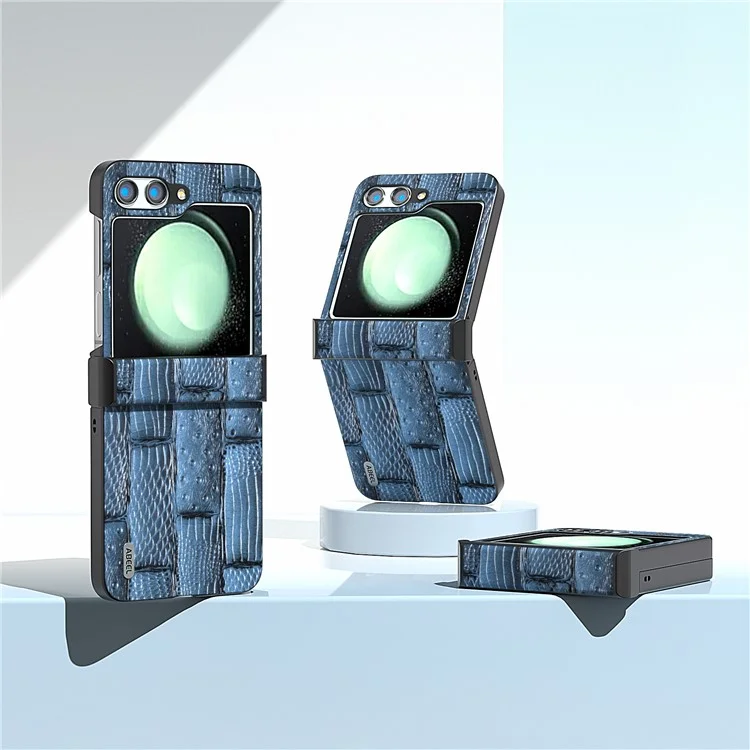 ABEEL For Samsung Galaxy Z Flip5 5G Case Mahjong Texture Genuine Cow Leather+PC Phone Cover - Blue