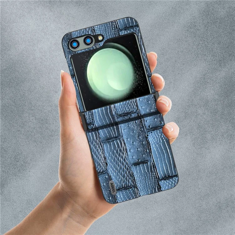 ABEEL For Samsung Galaxy Z Flip5 5G Case Mahjong Texture Genuine Cow Leather+PC Phone Cover - Blue