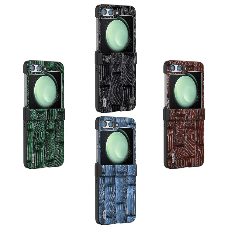 ABEEL For Samsung Galaxy Z Flip5 5G Case Mahjong Texture Genuine Cow Leather+PC Phone Cover - Blue