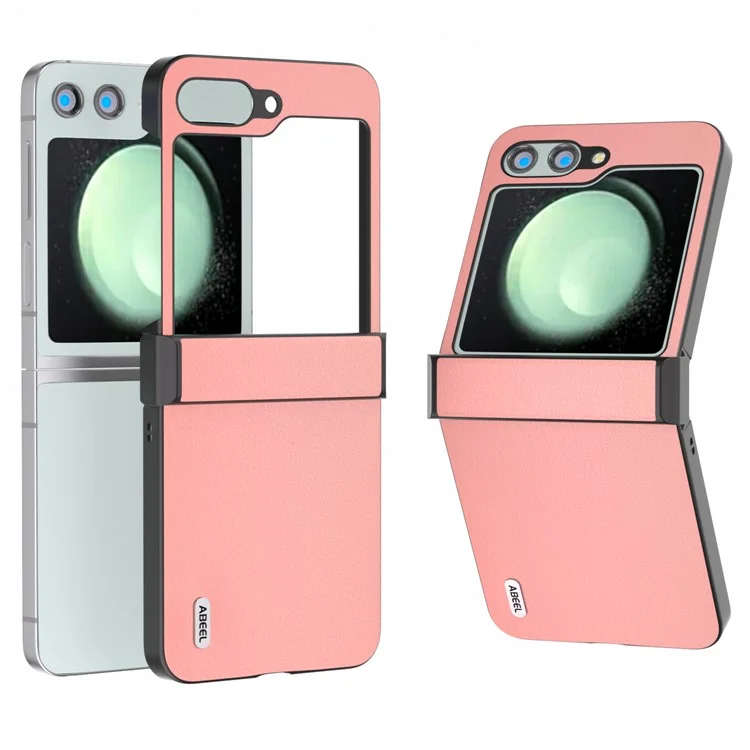 ABEEL For Samsung Galaxy Z Flip5 5G Case Genuine Cow Leather Coated PC Cover with Hinge Design - Pink