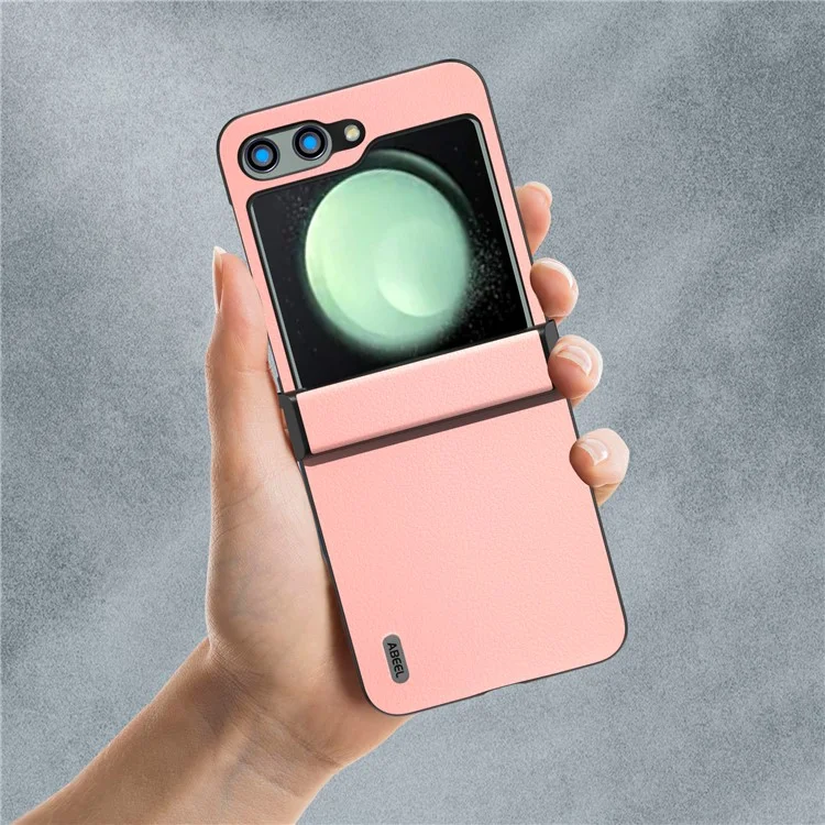 ABEEL For Samsung Galaxy Z Flip5 5G Case Genuine Cow Leather Coated PC Cover with Hinge Design - Pink
