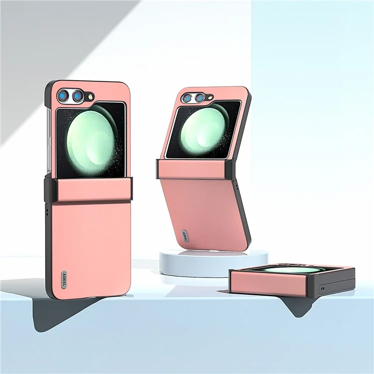 ABEEL For Samsung Galaxy Z Flip5 5G Case Genuine Cow Leather Coated PC Cover with Hinge Design - Pink