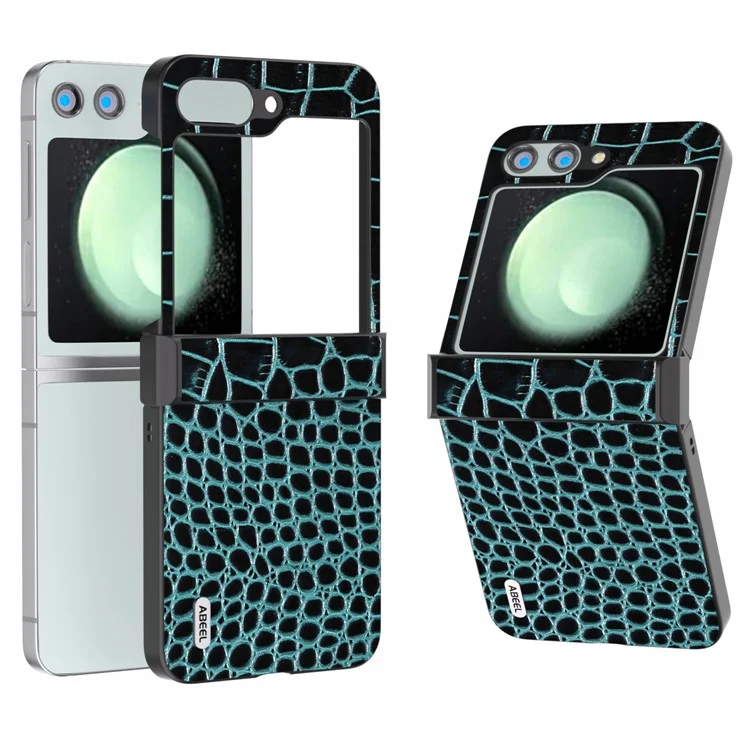ABEEL For Samsung Galaxy Z Flip5 5G Case Hinge Protection Genuine Cow Leather+PC Cover - Midnight Green