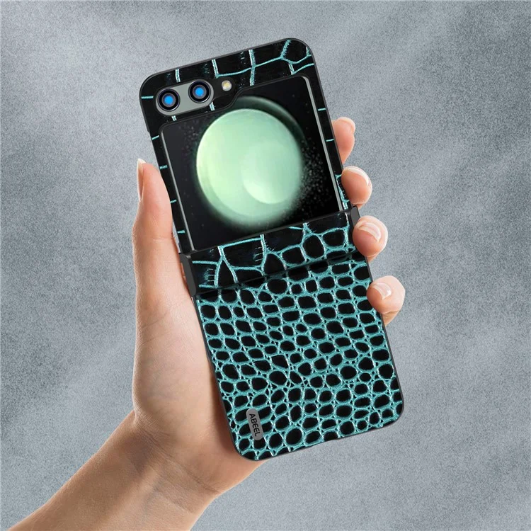 ABEEL For Samsung Galaxy Z Flip5 5G Case Hinge Protection Genuine Cow Leather+PC Cover - Midnight Green