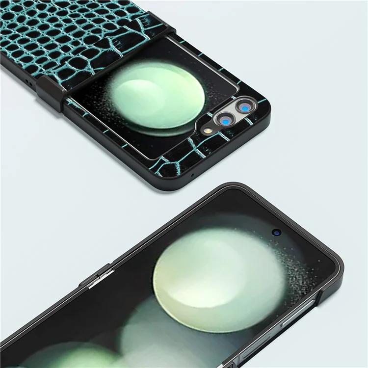 ABEEL For Samsung Galaxy Z Flip5 5G Case Hinge Protection Genuine Cow Leather+PC Cover - Midnight Green