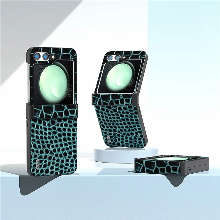ABEEL For Samsung Galaxy Z Flip5 5G Case Hinge Protection Genuine Cow Leather+PC Cover - Midnight Green