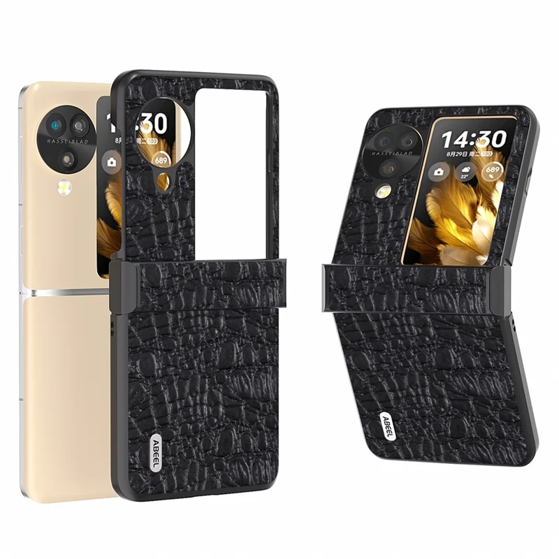 ABEEL Para Oppo Find N3 Flip 5G Case Couro de Vaca Genuíno Revestido de PC com Proteção de Dobradiça - Preto