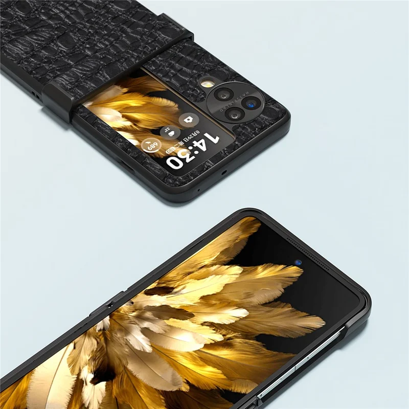 ABEEL Para Oppo Find N3 Flip 5G Case Couro de Vaca Genuíno Revestido de PC com Proteção de Dobradiça - Preto
