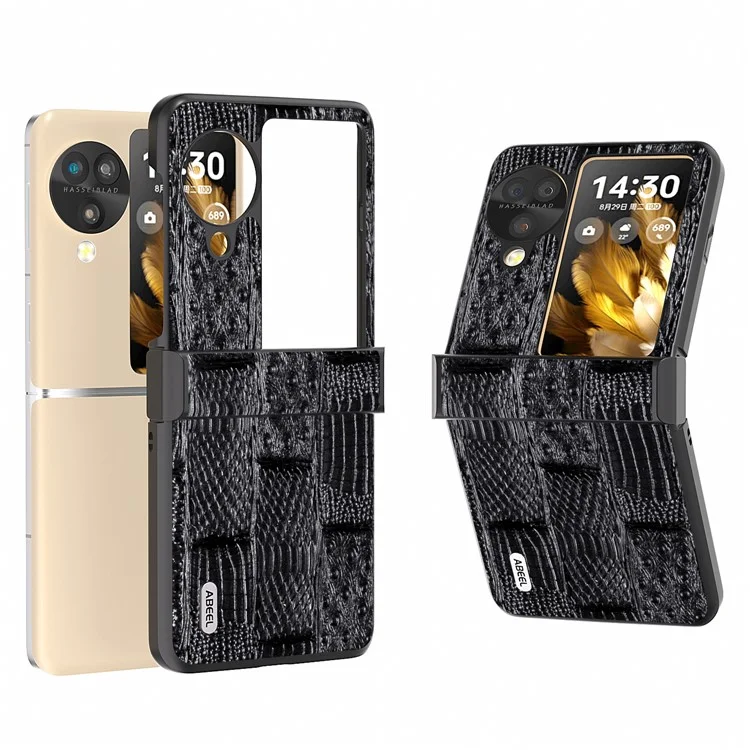 ABEEL Per Oppo Find N3 Flip 5G Case 3-in-1 in Vera Pelle di Mucca+Custodia in PC con Cerniera - Nero