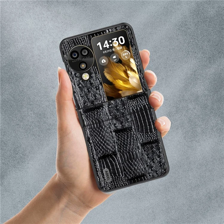 ABEEL Per Oppo Find N3 Flip 5G Case 3-in-1 in Vera Pelle di Mucca+Custodia in PC con Cerniera - Nero