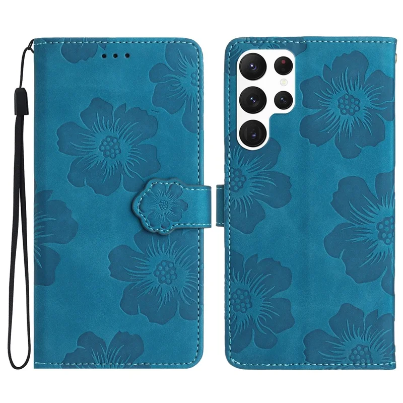 For Samsung Galaxy S24 Ultra Case Imprinted Stand Phone Shell PU Leather Wallet Cell Phone Cover - Blue