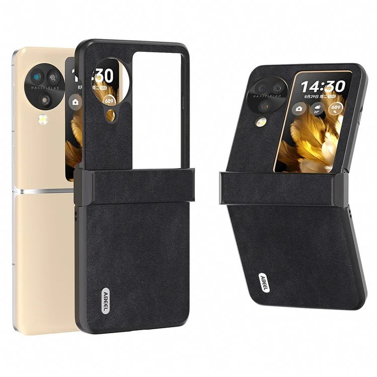 ABEEL Für Oppo Find N3 Flip 5G Hülle Scharnier Design Leder+PC Klapptelefonhülle - Schwarz