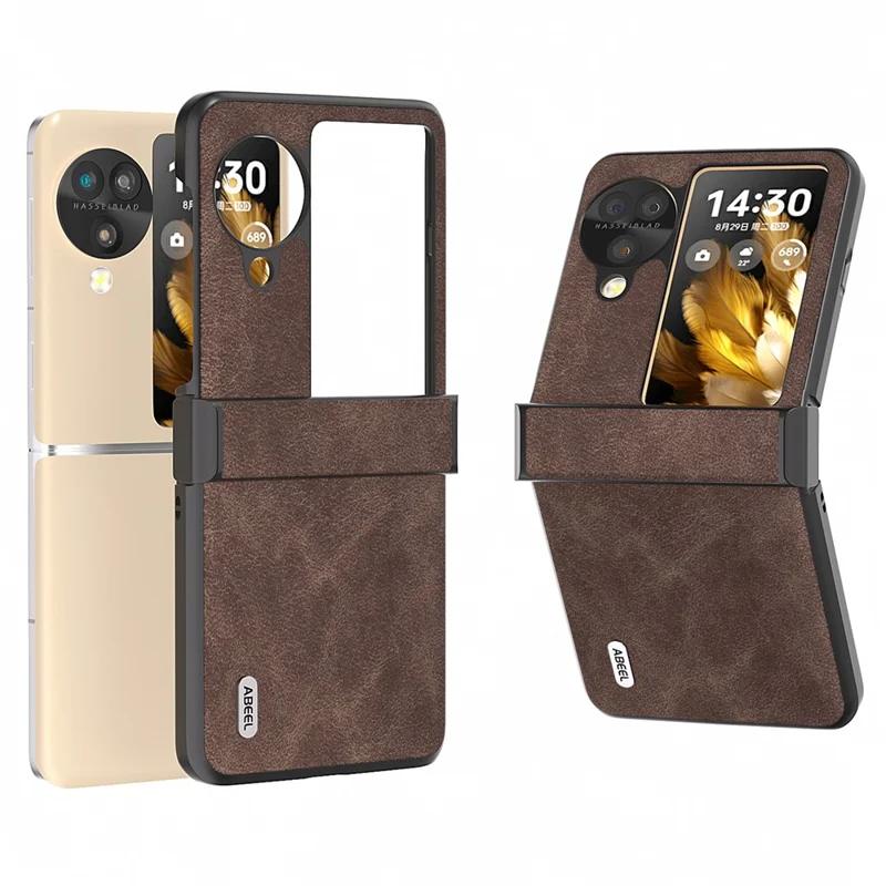 ABEEL voor Oppo Find N3 Flip 5G hoesje Scharnierontwerp Leder+PC Vouwtelefoonhoes - Koffie