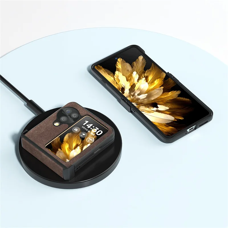 ABEEL voor Oppo Find N3 Flip 5G hoesje Scharnierontwerp Leder+PC Vouwtelefoonhoes - Koffie