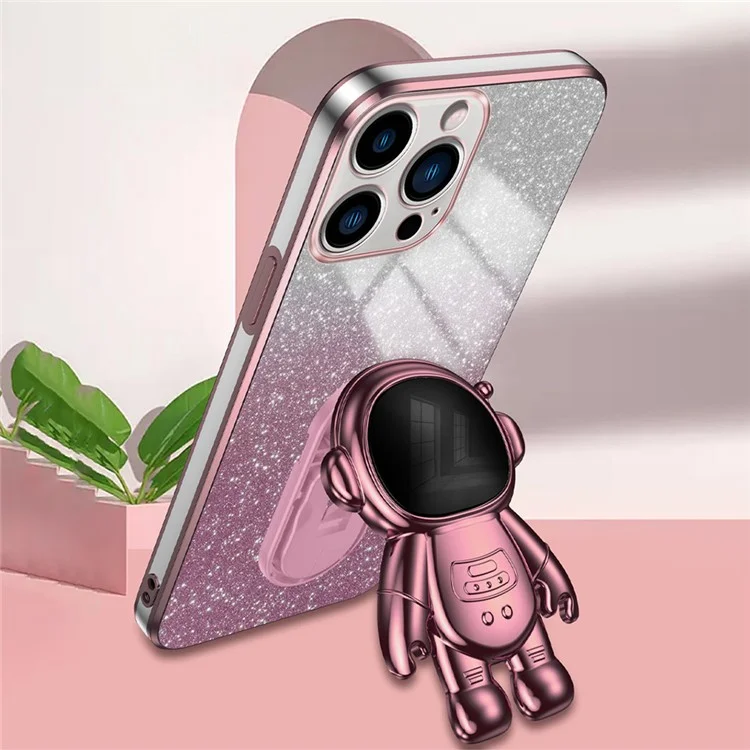 Funda para iPhone 13 Pro Case Glitter Powder Electroplating Astronaut Kickstand PC+TPU - Rosa