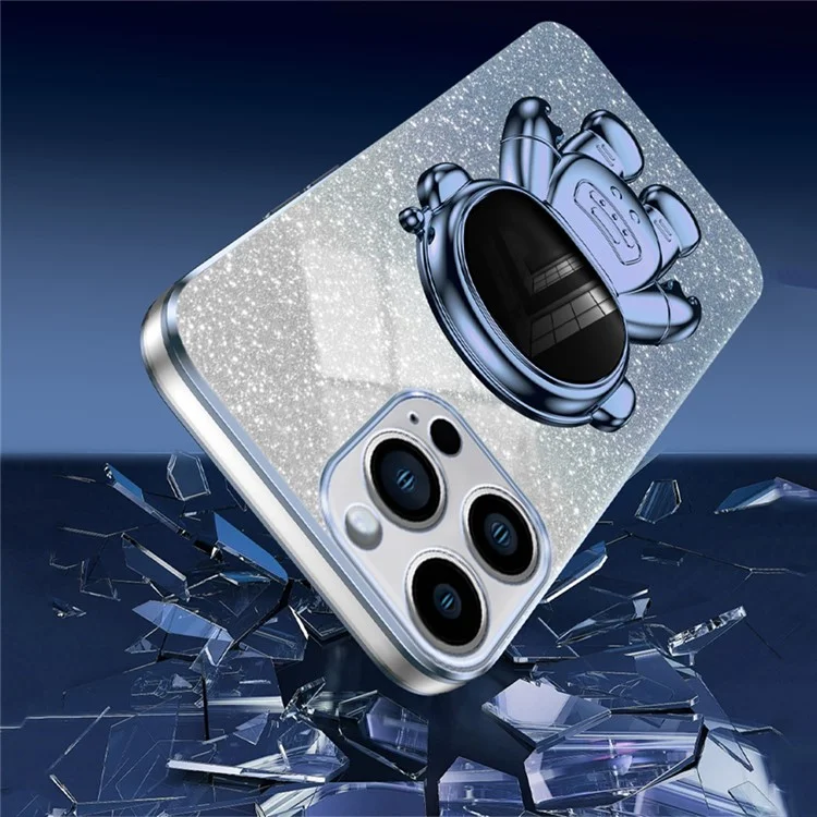 Per iPhone 14 Pro Max Case Astronauta Supporto Glitter Powder PC+TPU Cover per telefono - Blu