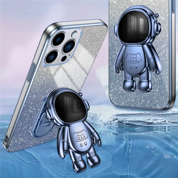 Per iPhone 14 Pro Max Case Astronauta Supporto Glitter Powder PC+TPU Cover per telefono - Blu